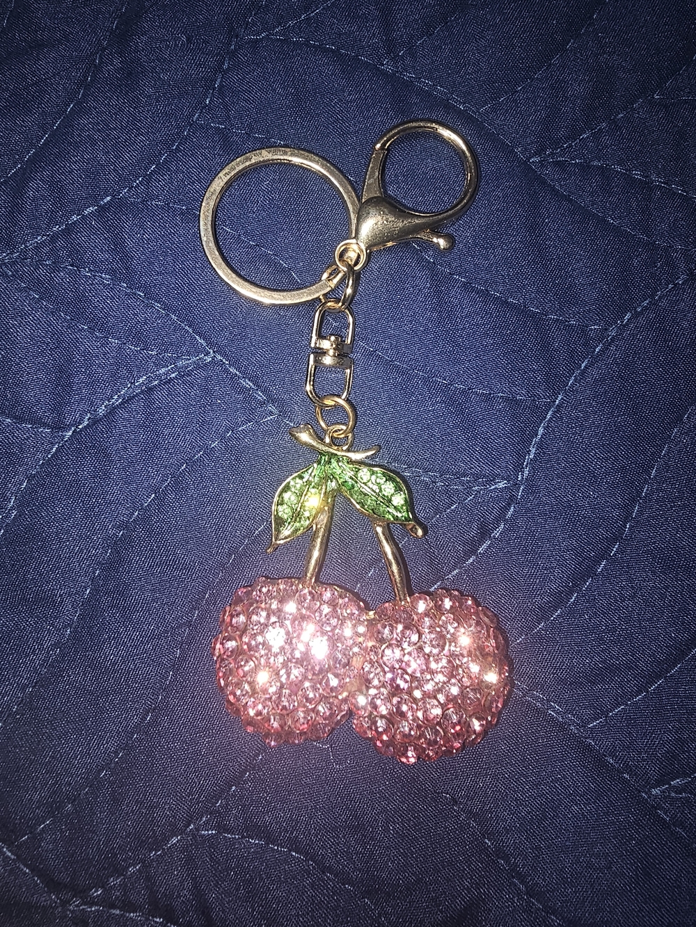 New Pink Crystal Cherry Keychain Or Bag Charm with Green Accents